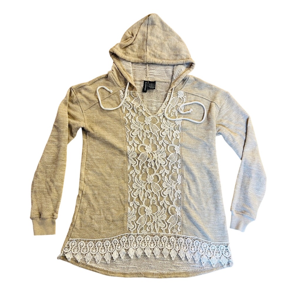 No Comment Lace Hoodie Women Large Tan‎ Boho Cottagecore Floral Knit Sweatshirt